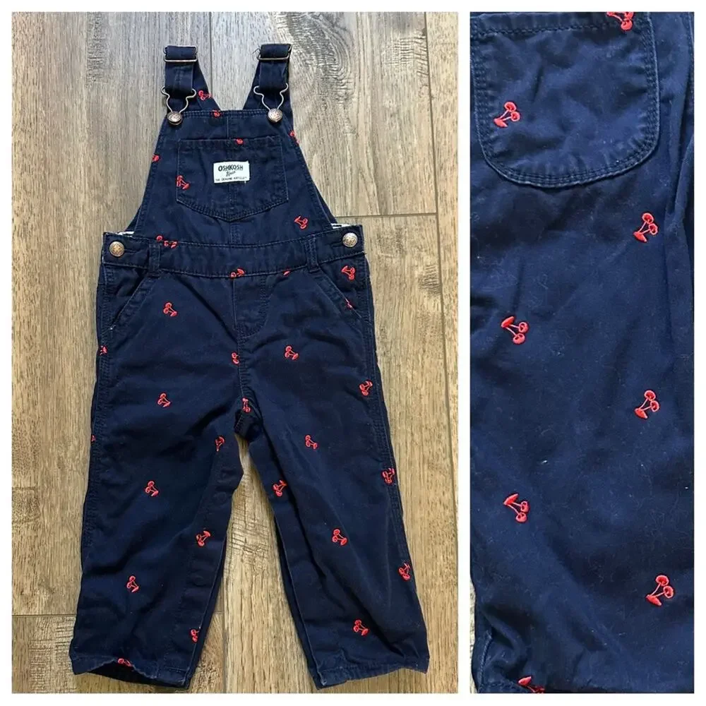 OshKosh B'gosh Overalls Navy Blue w/‎ Cherry Embroidery 🍒 Size 18m